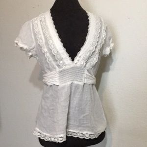 White top, shirt, blouse, t-shirt with lace trim